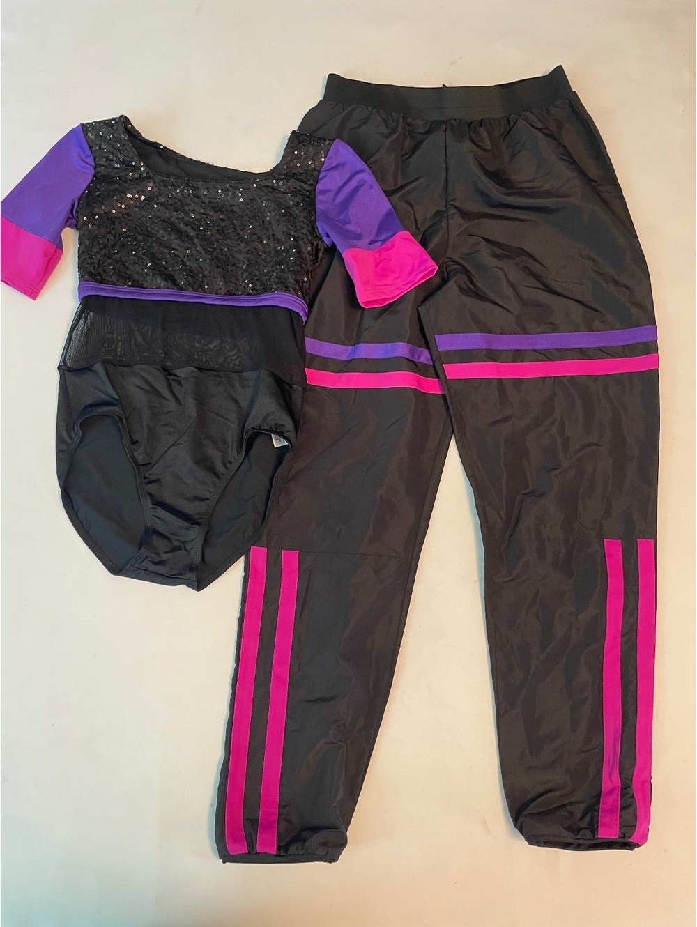 Weissman Black Dance Leotard with Sequin Top and Black Track Pants with Pink and